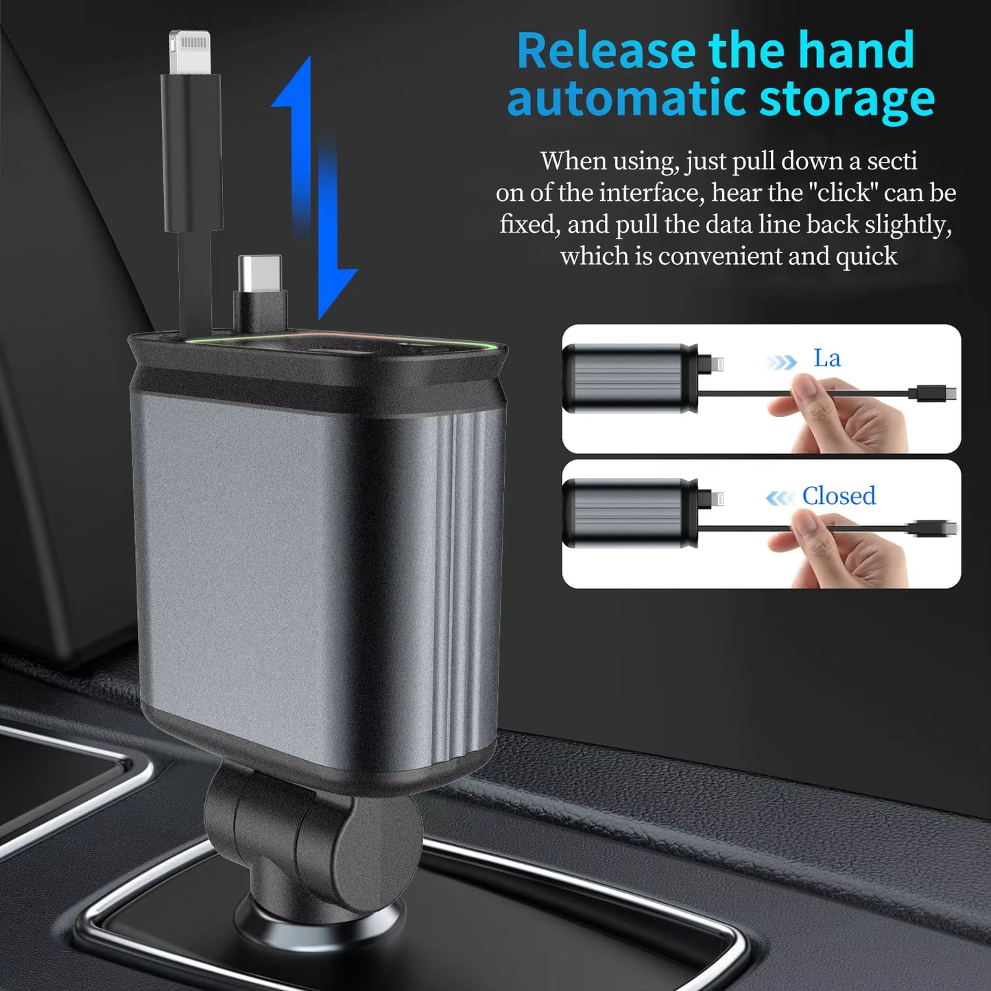 Retractable Car Charger Fast Charger USB+PD30W Power Adapter 4-In-1 Phone Charger with Roof Starlight for IOS Android Phones