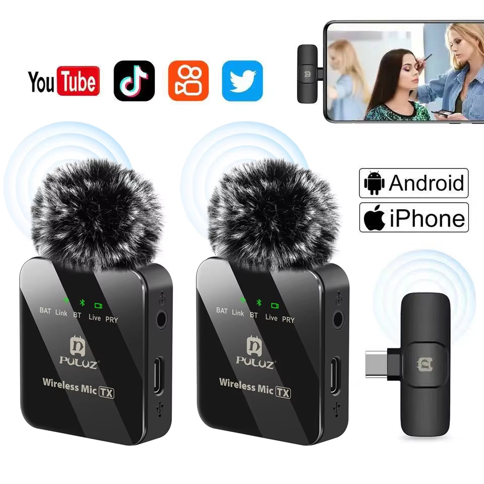 PULUZ Wireless Lavalier Microphone Portable Audio Video Recording Mini Mic for Iphone Android Outdoor Live Broadcast Phone Mic