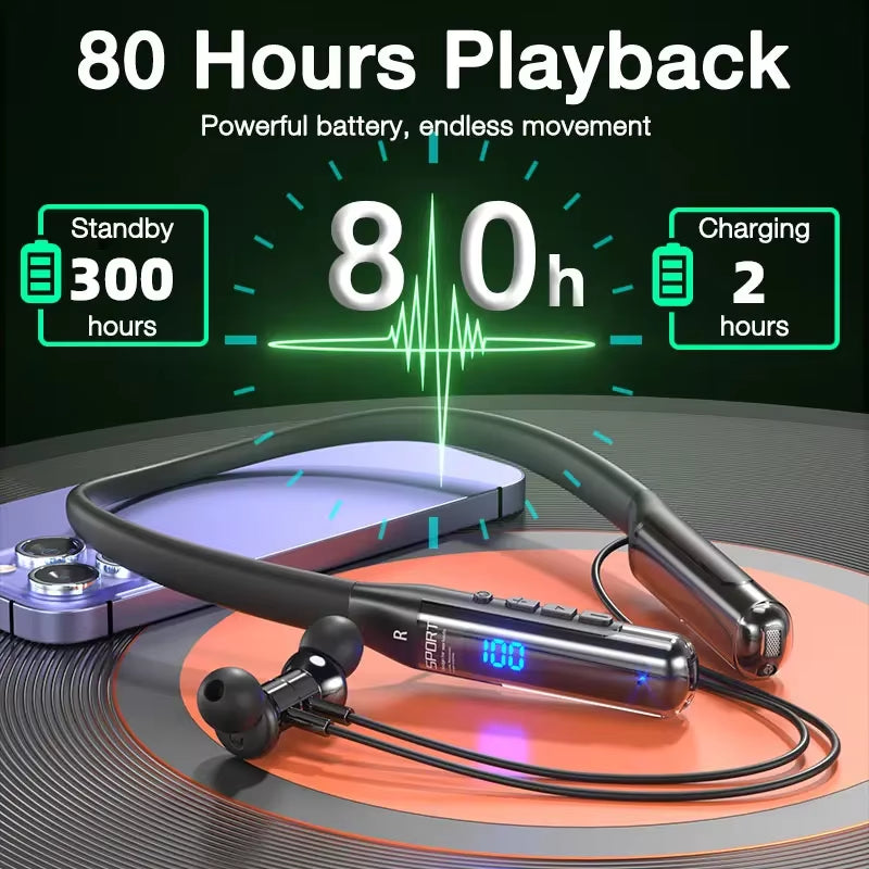 80 Hours Endurance Bluetooth Wireless Headphones with Microphone Neckband Bluetooth 5.3 Earphones Headphones Bass Stereo