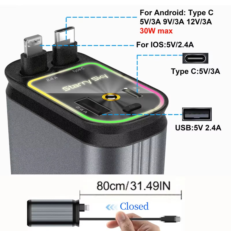 Retractable Car Charger Fast Charger USB+PD30W Power Adapter 4-In-1 Phone Charger with Roof Starlight for IOS Android Phones