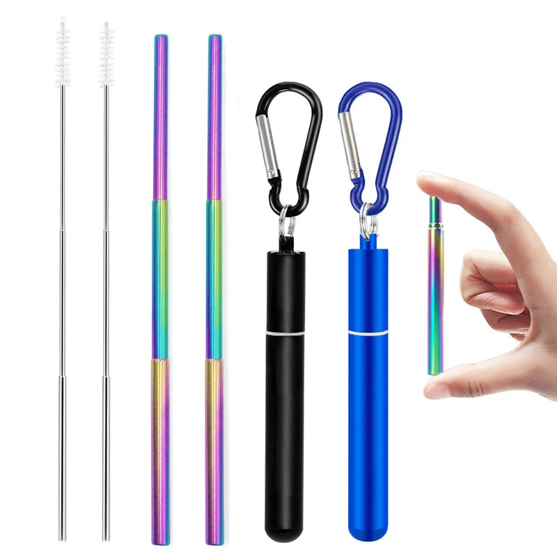 Reusable Telescopic Straw 304 Stainless Steel Metal Straw with Cleaning Brush Portable Drinking Straw Set for Travel with Case