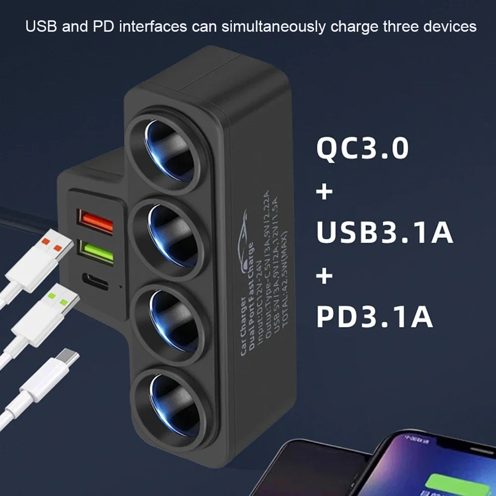 120W Car Phone Charger Cigarette Lighter Adapter PD 3.1A QC3.0 Multi Ports Quick Charge USB Charging Socket Splitter Plug