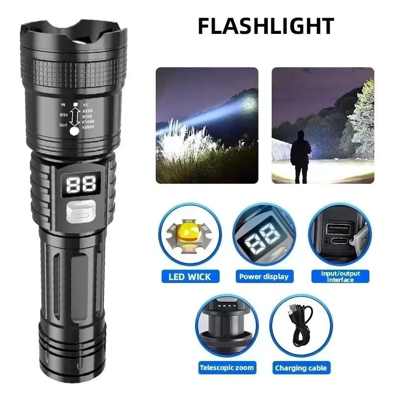 100000 Lumens Super Bright Long Range LED Flashlight Tactical Flashlight Outdoor Waterproof Flashlight Camping Lantern Torch