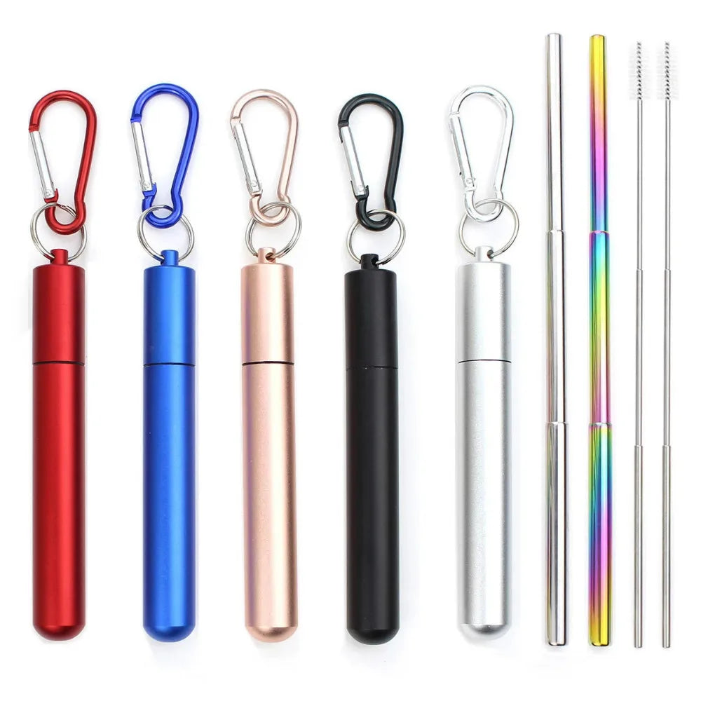 Reusable Telescopic Straw 304 Stainless Steel Metal Straw with Cleaning Brush Portable Drinking Straw Set for Travel with Case