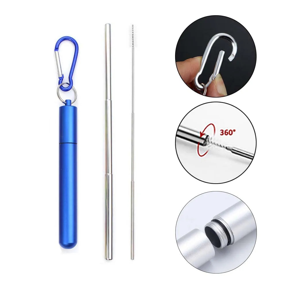 Reusable Telescopic Straw 304 Stainless Steel Metal Straw with Cleaning Brush Portable Drinking Straw Set for Travel with Case