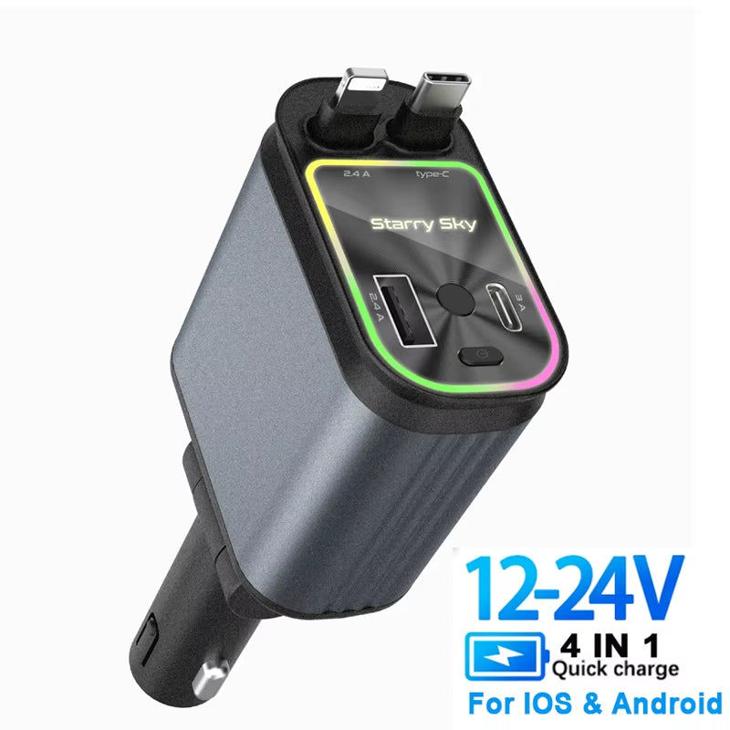 Retractable Car Charger Fast Charger USB+PD30W Power Adapter 4-In-1 Phone Charger with Roof Starlight for IOS Android Phones